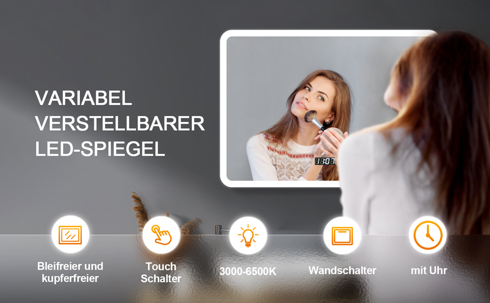 Дзеркало для ванної кімнати Badspiegel 50x70см з годинником та підсвічуванням 3 кольори, сенсорний вимикач, прямокутне, для ванної/вітальні (100x60x3.5см)