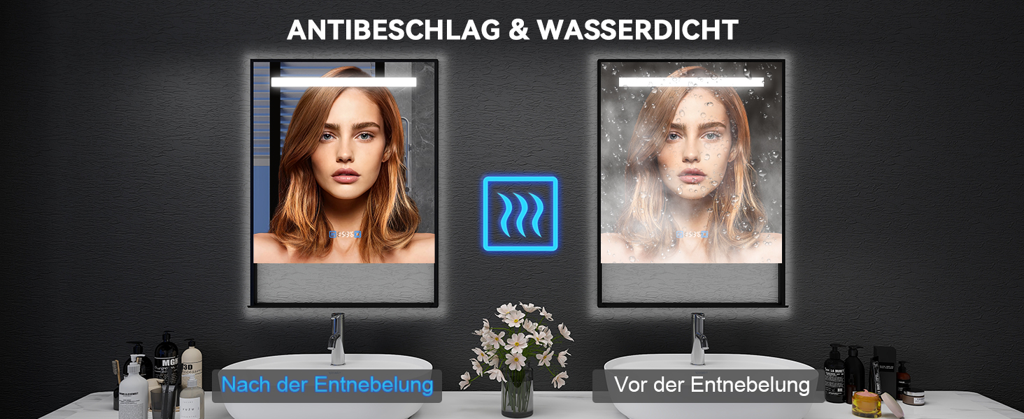 Дзеркало для ванної кімнати YU YUSING 80x60 см з підсвічуванням LED, 3 кольори світла, регулювання яскравості, антизапарник, сенсорне управління, таймер, загартоване скло, IP44 (чорний з полицею)