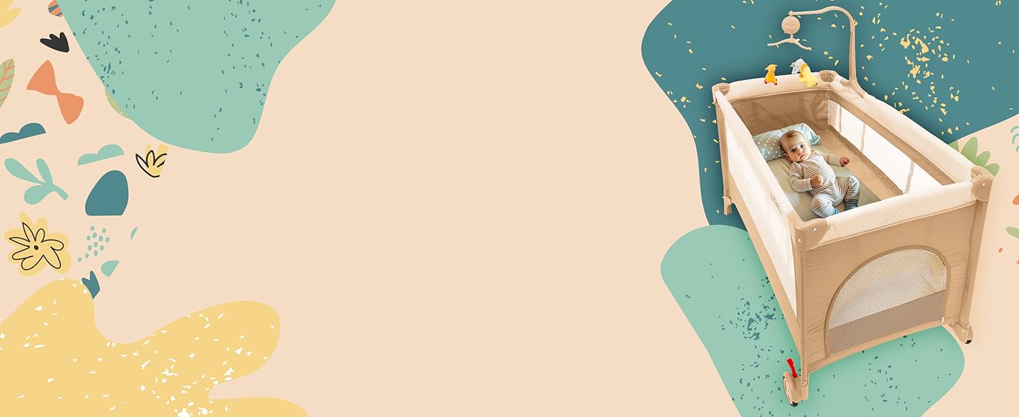 Дитяче ліжко-манеж All Kids United® для подорожей з матрацом, пеленальним столиком, музичним провідником та мобілем (сірий)