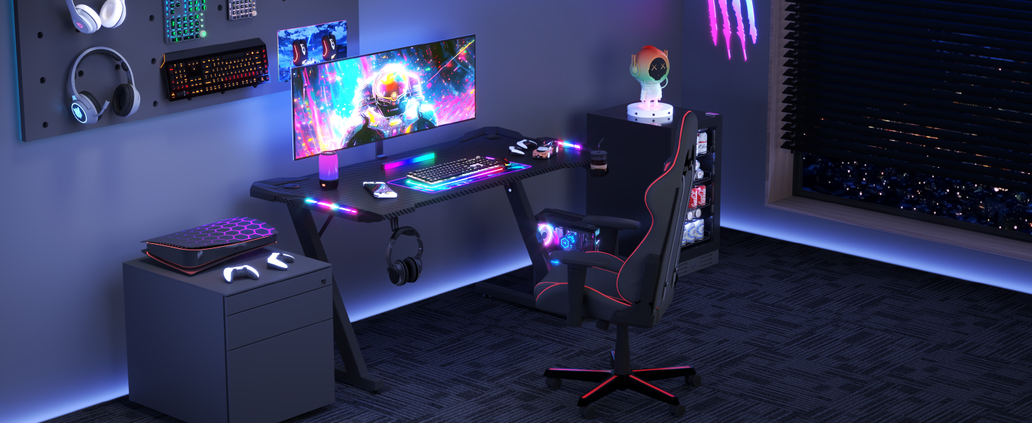 Ігровий стіл JUMMICO з RGB LED-підсвіткою, комп'ютерний стіл для геймерів та Home-office з тримачем для навушників та підстаканником, чорний (140 x 60 см)