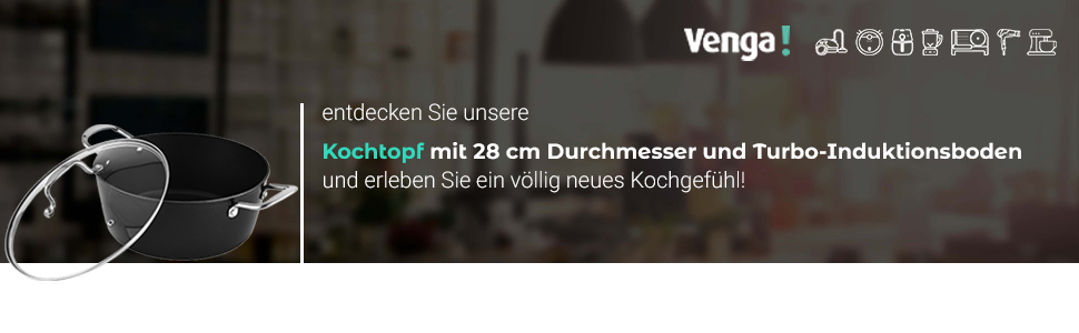 Венга Каструля з кришкою, діаметр, ємність 1,3 л, антипригарне покриття, можна мити в посудомийній машині, турбо-індукційне дно, ергономічні м'які на дотик ручки, чорний / сріблястий колір, VG POT 3010 (28 см, безпечний для духовки)