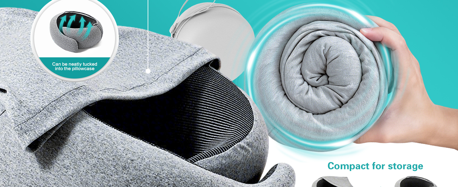 Подорожня подушка для шиї з ефектом пам'яті (Memory Foam) з капюшоном, маскою для сну та берушами — набір для перельотів, авто та поїздів