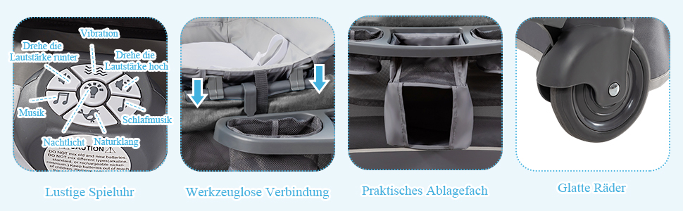 Дитяче туристичне ліжко COSTWAY 5 в 1 з матрацом, сірим кольором, до 15 кг, з пеленатором та іграшкою