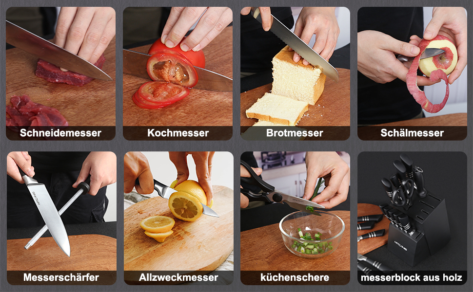 Набір кухонних ножів Kitkanis 17 предметів з бруском, професійний, з нержавіючої сталі, з кухонними ножицями та точильним бруском, з масивного дерева