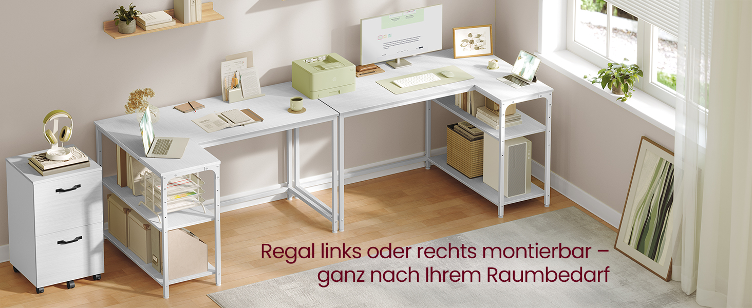 Кутовий стіл VASAGLE L-подібної форми з полицею, для офісу вдома, 110 x 80 см, колір: Акорн-білий