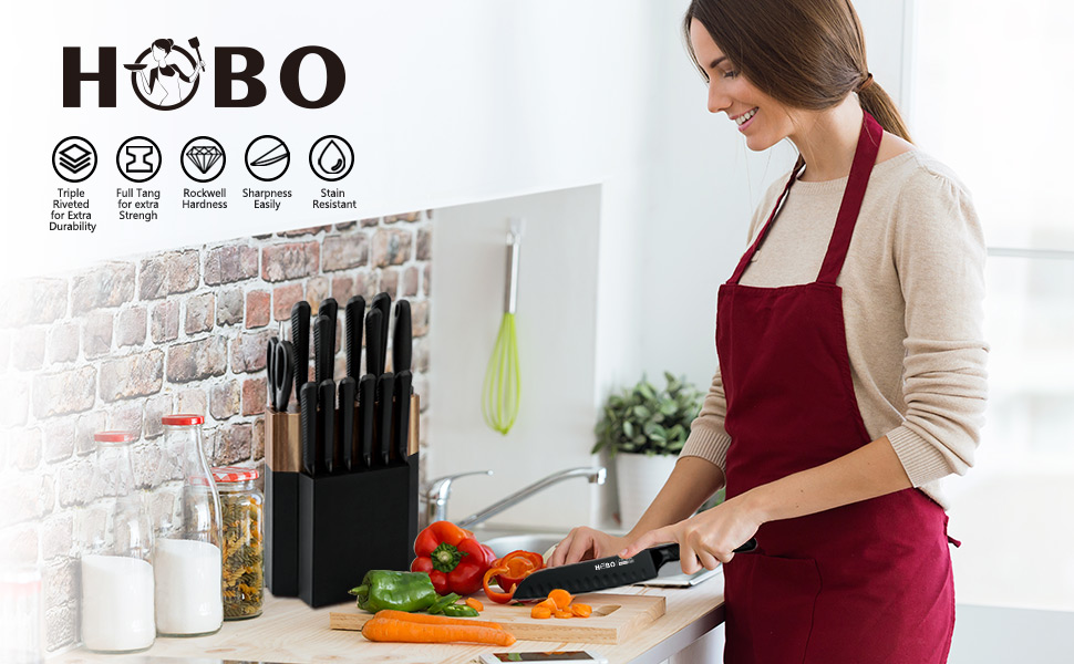 Набір кухонних ножів HOBO 15 предметів з дерев'яним блоком, професійний набір з нержавіючої сталі