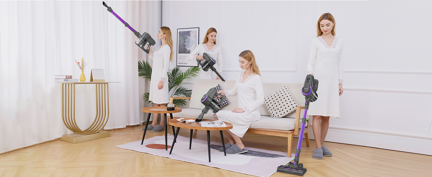 Бездротовий акумуляторний пилосос з потужністю 25000Pa, 175W, час роботи 50 хвилин. Бездротовий ручний пилосос з антизаплутаною щіткою, самостійною підставкою та легким корпусом. Підходить для килимів, твердих підлог та видалення шерсті тварин. Колір: фіолетовий