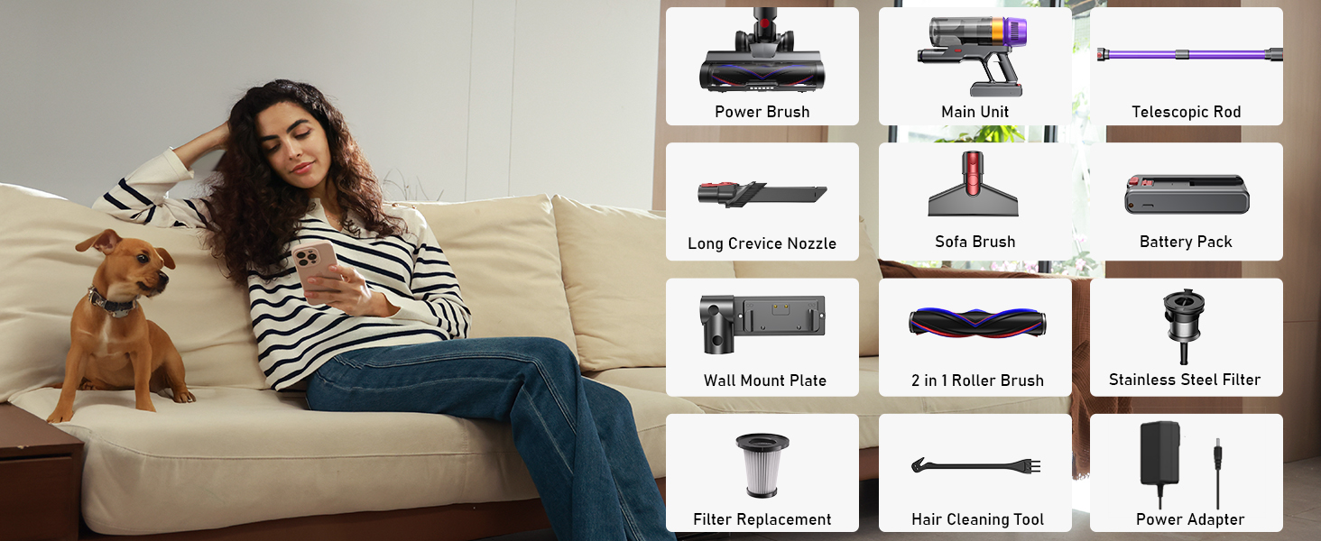 Акумуляторний пилосос бездротовий для шерсті тварин, 1.8л з дисплеєм, 55000Па/620Вт/75хв, вертикальний з анти-заплутувальною щіткою та док-станцією для килимів/твердих підлог/авто, фіолетовий