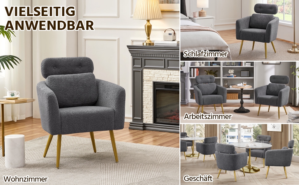 Крісло Yaheetech з тканини букле, крісло-релакс з регульованою спинкою та металевими ніжками, біле (темно-сіре)