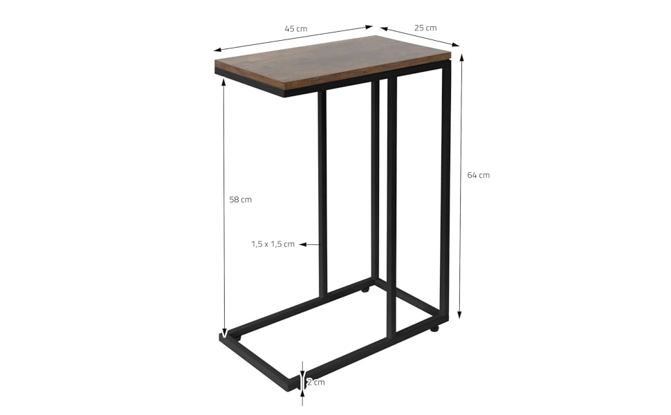 Журнальний столик ML-Design С-подібної форми, 45x25x64 см, металевий каркас і дерев'яна стільниця, під диваном, промисловий дизайн, журнальний столик Стіл для вітальні Журнальний столик Приліжковий столик Тумбочка Столик для ноутбука (чорний - вінтажний коричневий)