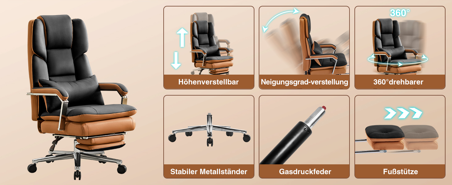 Ергономічне крісло для офісу, шкіра PU, крісло для керівника, 200 кг, з підніжкою та підтримкою попереку, для дому/офісу, регульоване, висока спинка, чорне