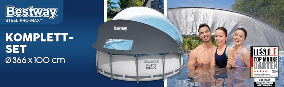 Комплект каркасного басейну Bestway Steel Pro MAX з фільтруючим насосом навісом Ø 366 x 100 см, світло-сірий, круглий