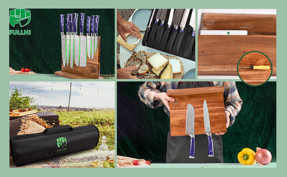 Японський набір ножів Fullhi 15 предметів з магнітним підставкою, леза з японської сталі, ергономічні ручки з фіолетового харчу, для професійної та домашньої кухні