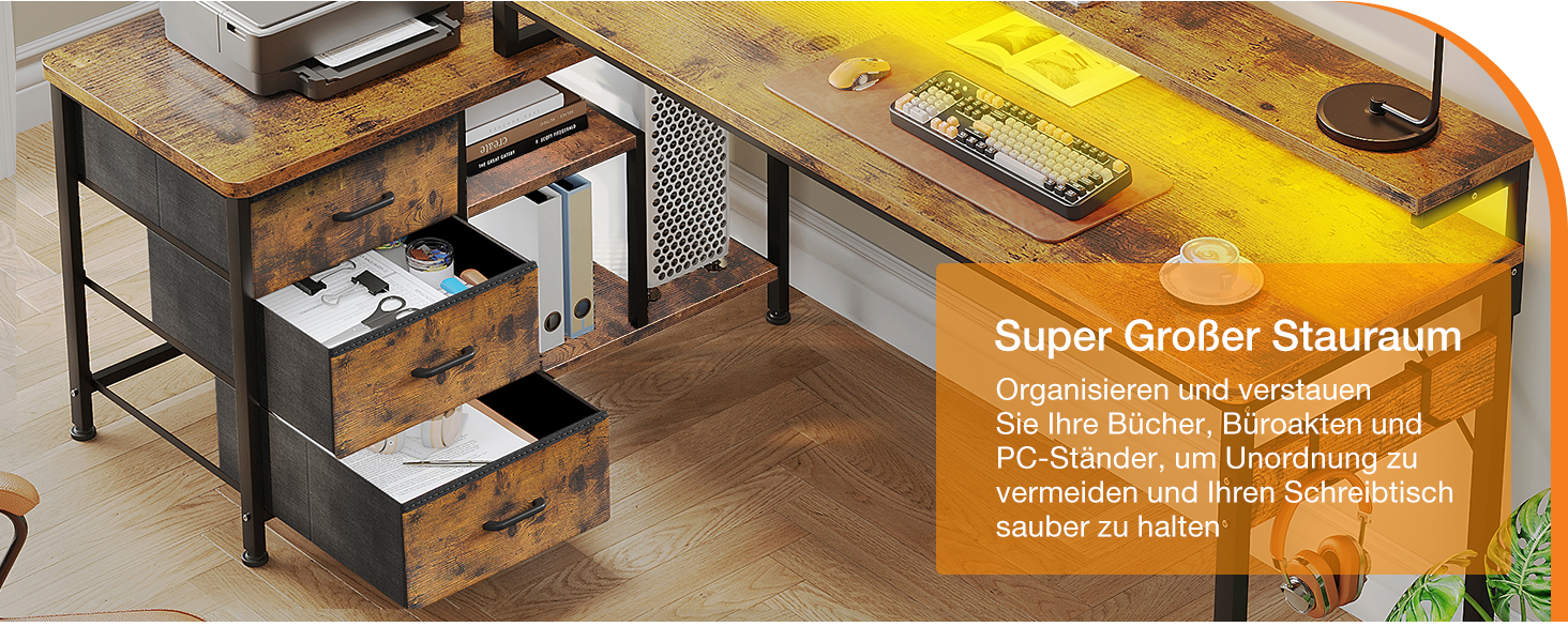 Кутовий стіл ODK з ящиками 174x100 см, з полицею, реверсивний, для геймінгу, офісу, дому, коричневий