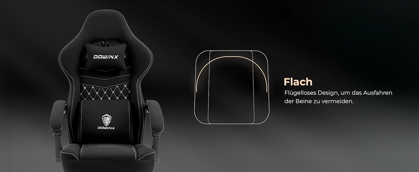 Ігровий крісло Dowinx з тканини та кишеньковим пружинним сидінням, крісло для геймерів з масажем та підголівником, ергономічне гоночне крісло з підніжкою, чорний колір, висувна підніжка
