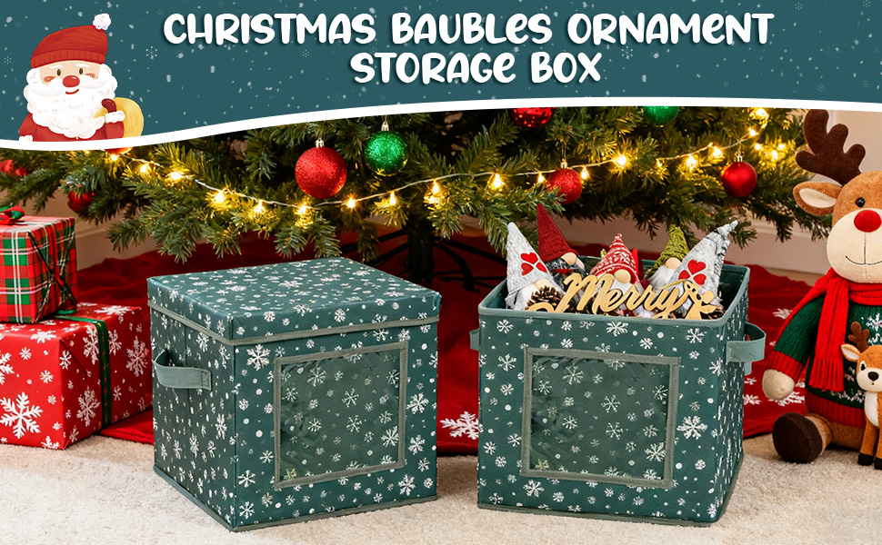 Коробка для зберігання новорічних прикрас, 166 відділень, з регульованими перегородками, кришкою та ручками, 31x31x30 см, червона, принт сніжинки, білий фон