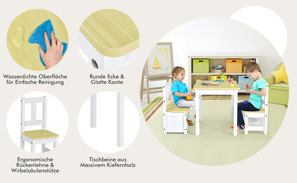 Дитяча меблева група COSTWAY з місцем для зберігання: стіл для малювання з 2 стільцями та лавка. Зроблено з екологічного дерева FSC, для дітей від 3 років (сірий/натуральний колір)