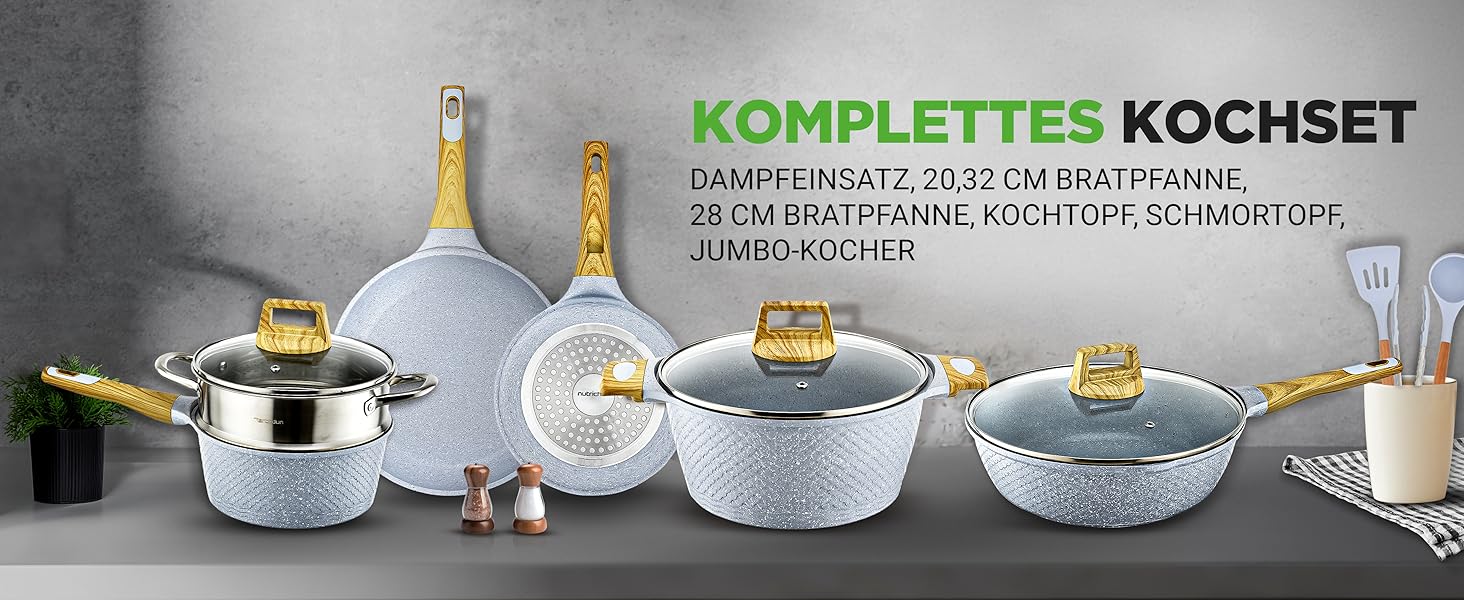 Набір посуду NutriChef 22 предмети антипригарний мармуровий блакитний – сковороди, каструлі, аксесуари для кухні, індукція