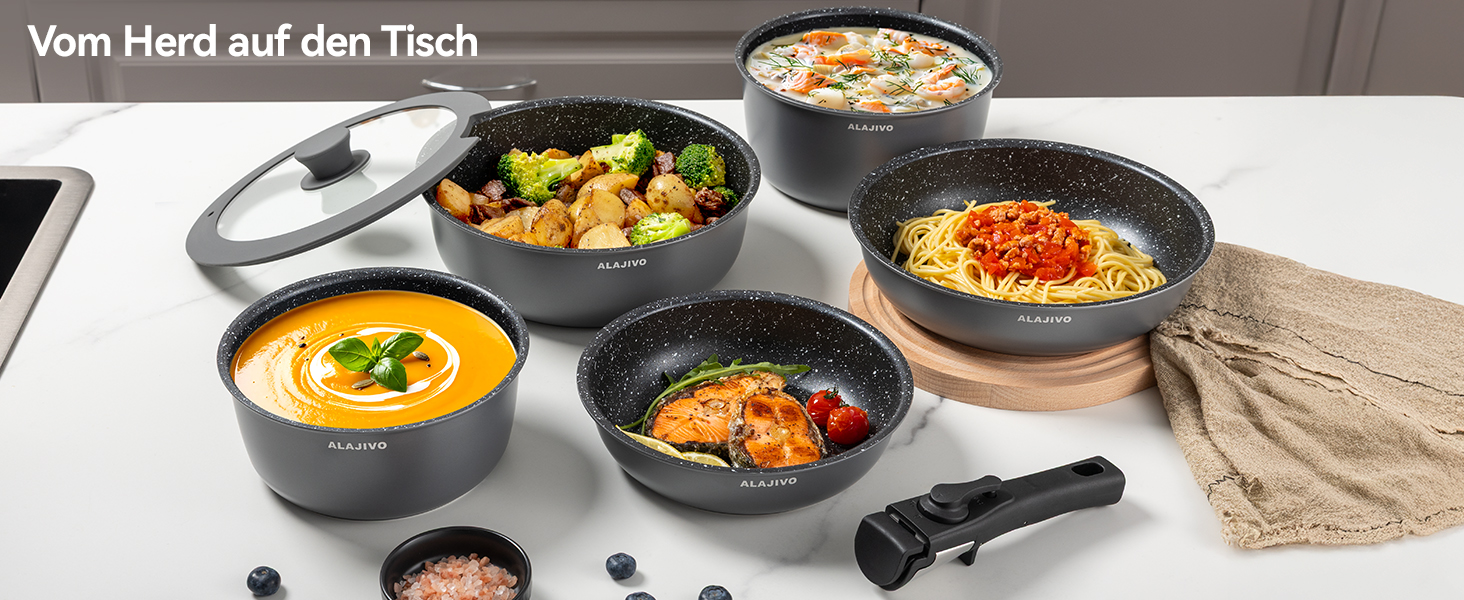 Набір посуду 17 частин з знімним ручками, антипригарне покриття, для всіх типів плит, включаючи індукційні, сумісний з духовкою (сірий)