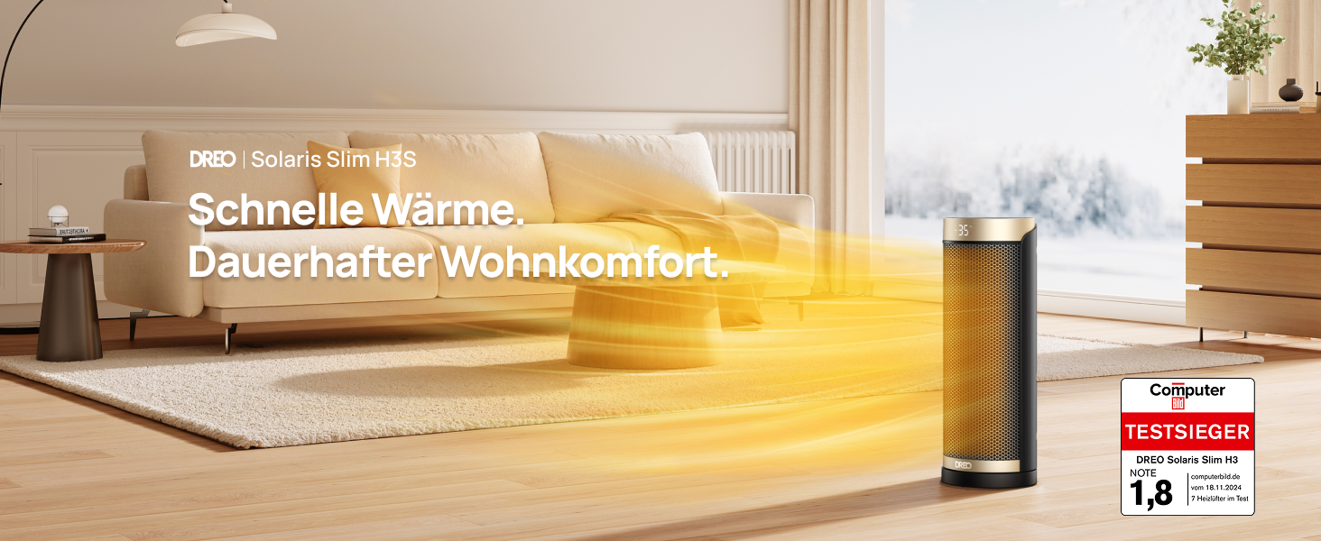 Електричний обігрівач Dreo Solaris Slim H3 з PTC-керамічним нагрівом, Wi-Fi, 3 режими, 3 швидкості, 12-годинний таймер, пульт дистанційного керування, захист від перегріву та перекидання