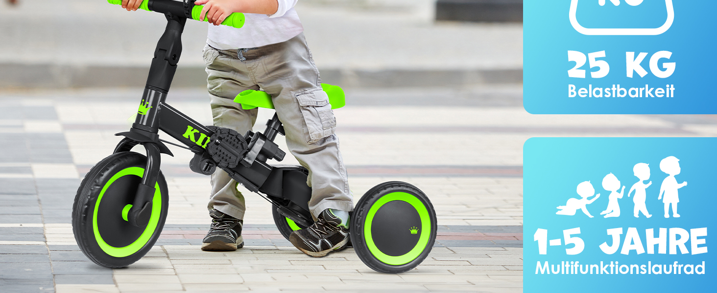 Біговел-триколіс KIDIZ 6-в-1 для дітей від 1 до 5 років (до 25 кг), чорний: з ручкою, захисним бампером, ременем безпеки, дзвінком та дзеркалом