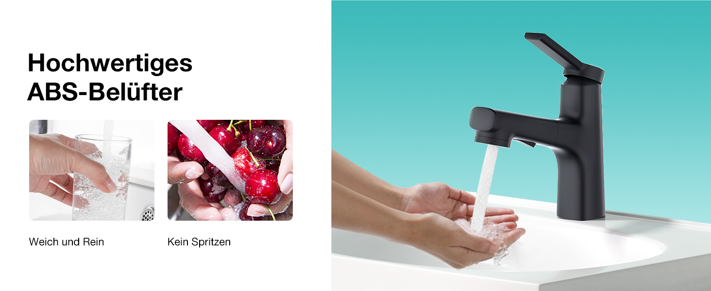 Сучасний змішувач для ванної кімнати CREA з висувною лійкою, 2 режими струменя, одноlever, з міді з хромовим покриттям (чорний)