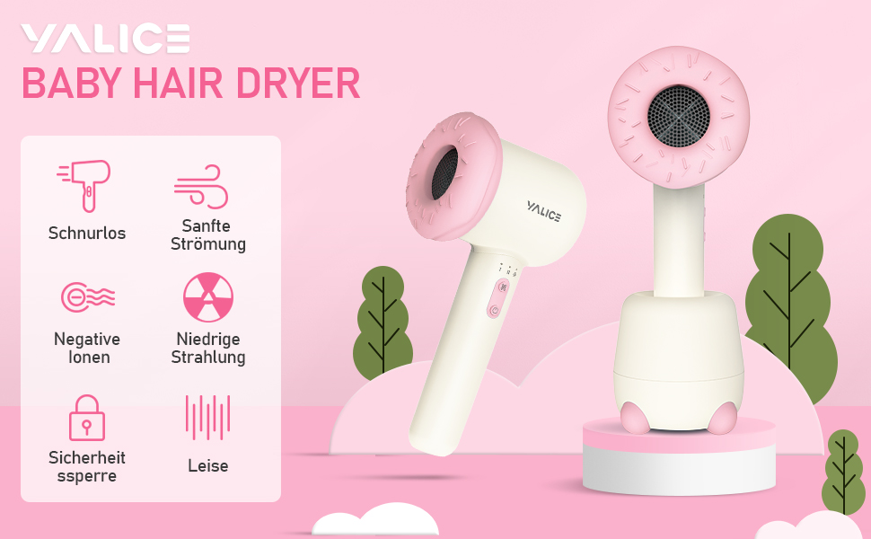 Бездротовий фен для немовлят, міні-фен для дітей, акумуляторний дитячий фен для чутливої шкіри з 3 швидкостями, підходить для 0-3 роки (Рожевий) Donut Рожевий