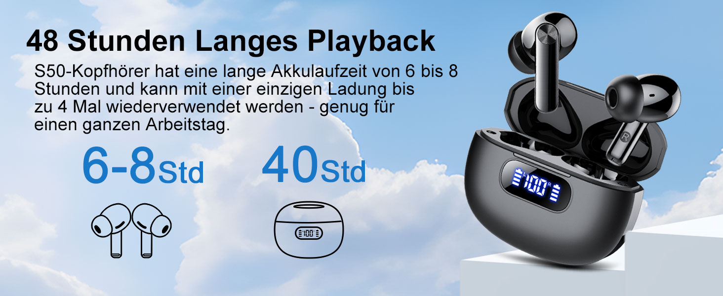 Бездротові навушники-вкладиші Bluetooth 5.3, шумозаглушення ENC, LED, 48 годин, HiFi, IP7, чорний глянець