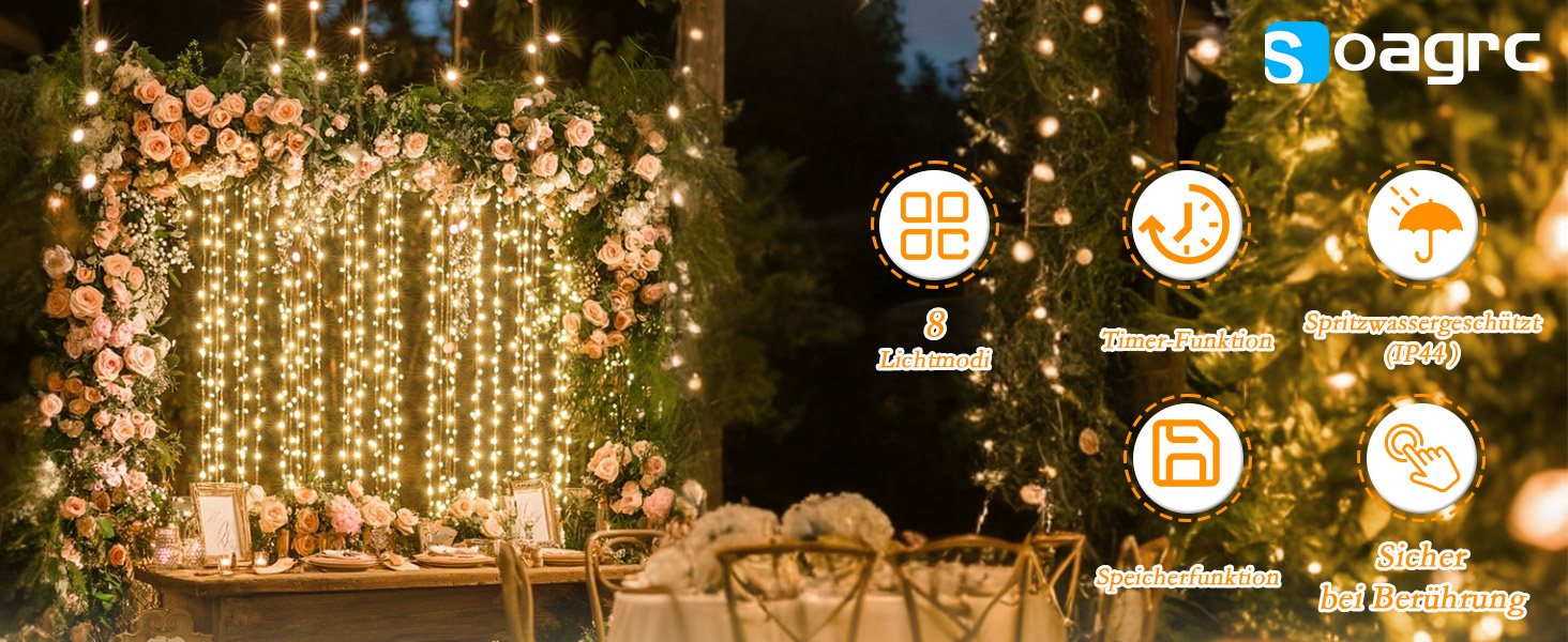 Світлодіодна гірлянда для вулиці 400 LED, теплий білий колір, 20м, IP44 водонепроникна, з пультом керування, 8 режимів та таймером для саду, балкона та Різдва