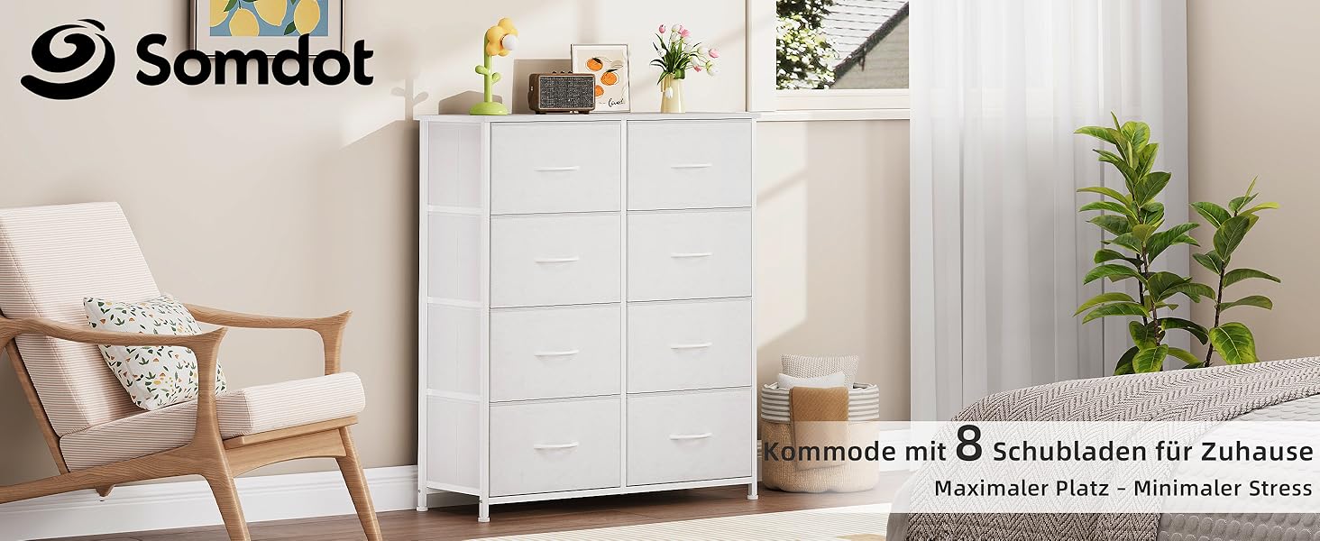 Комод з тканини з 8 шухляд, білий, 30x80x93 см