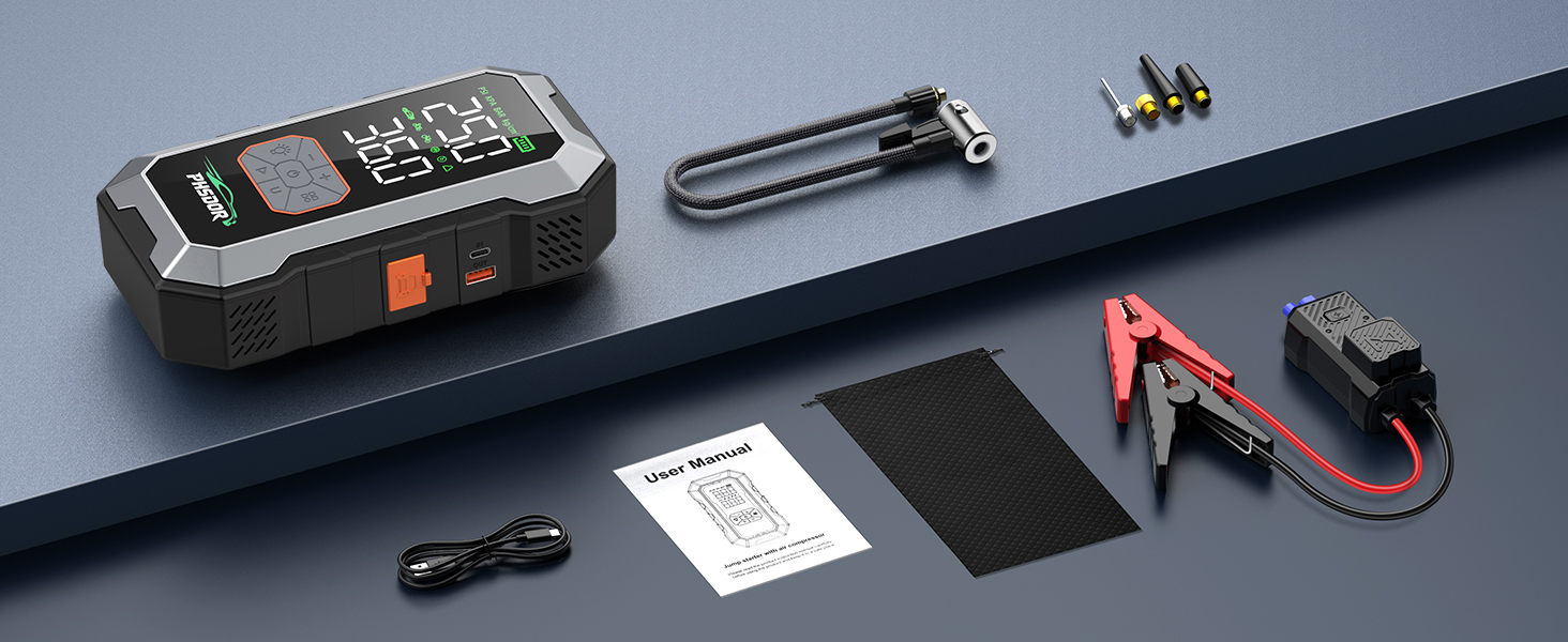 Пусковий пристрій (бустер) 8000A з компресором 150PSI та Powerbank 25000mAh для авто (бензин до 12л, дизель до 10л), з LED-ліхтарем, сріблястий