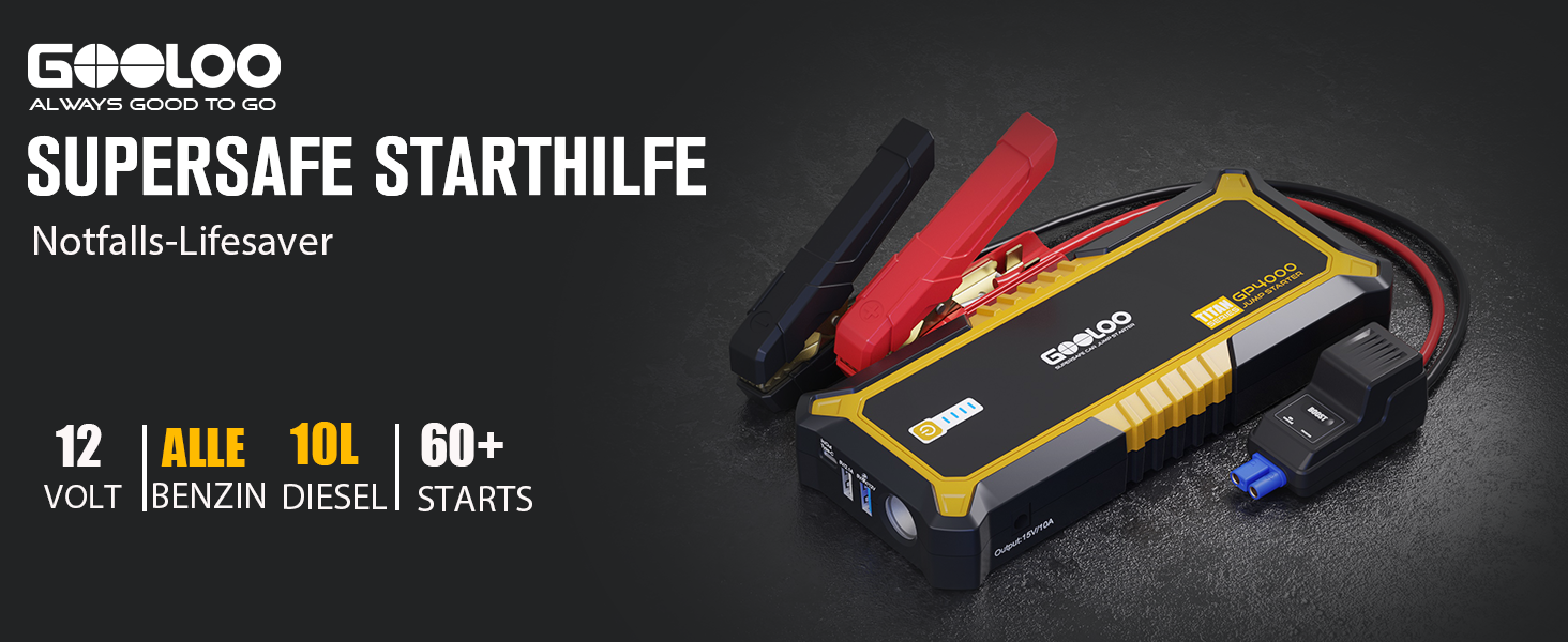 Powerbank Starthilfe GOOLOO GP2000 для автомобілів: 4000A, USB-швидка зарядка, LED, кабель для підзарядки, 8.0L бензин/6.0L дизель