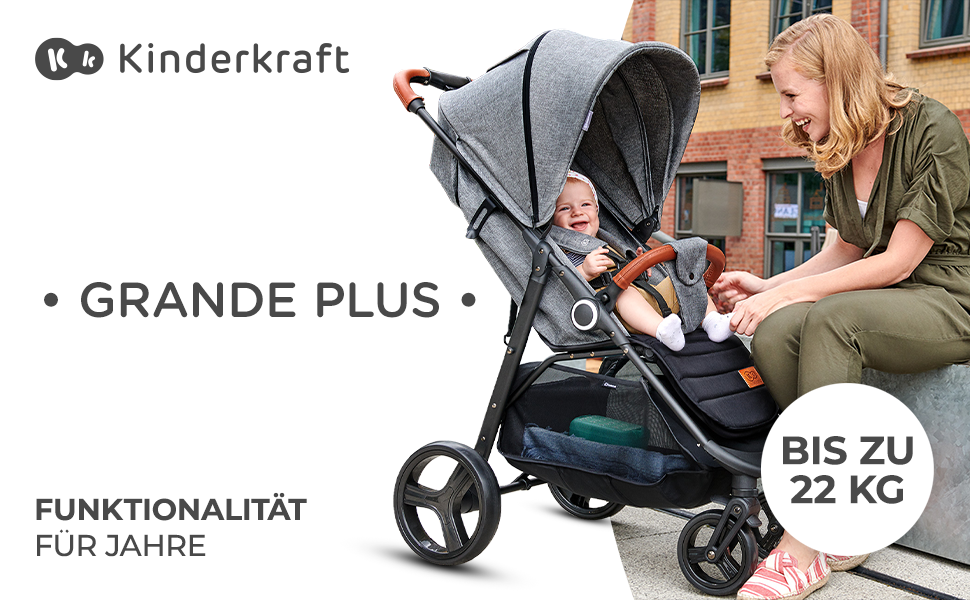 Дитяча коляска Kinderkraft GRANDE PLUS сірого кольору, від народження до 22 кг, складна однією рукою, з регульованою спинкою та великим козирком