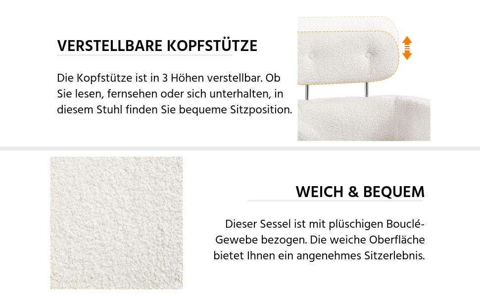 Крісло Yaheetech з тканини букле, м'яке, з регульованою підголівником, для вітальні/офісу, біле