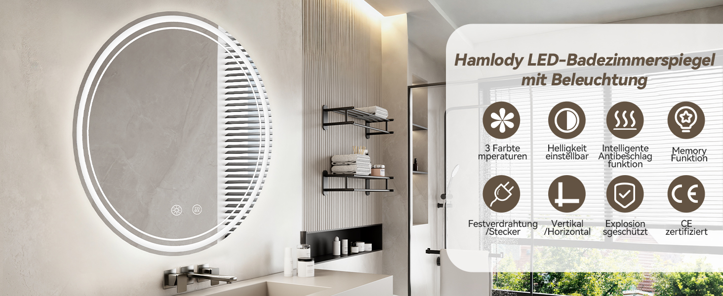 Дзеркало для ванної кімнати з підсвічуванням 70x50 см, LED, Smart, антизапар, 3 кольори, диммування, вертикальна/горизонтальна орієнтація