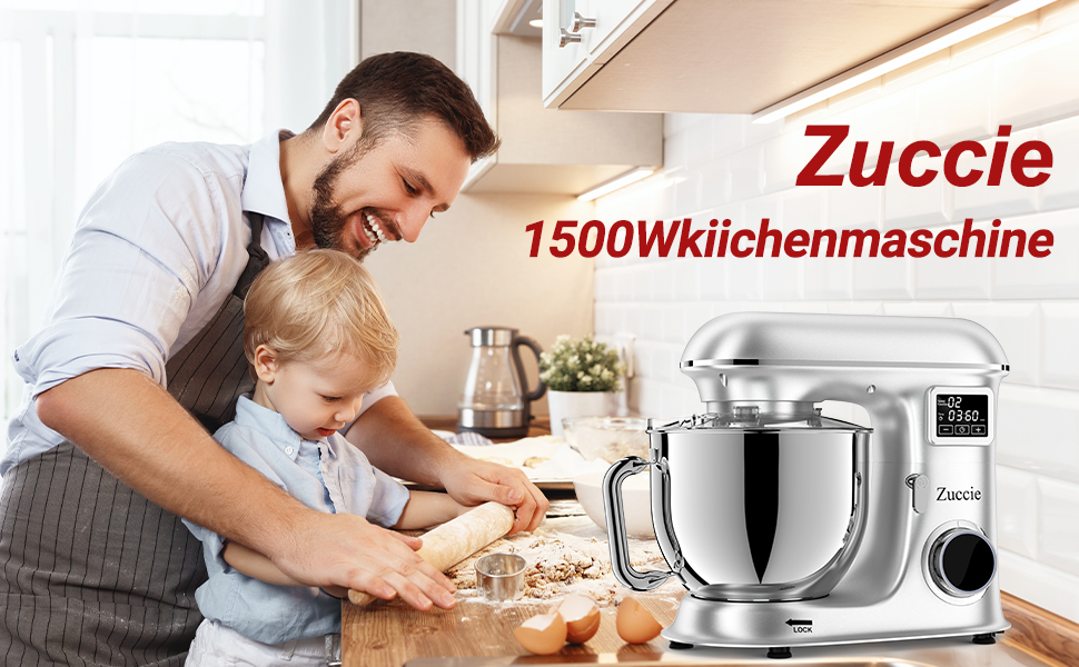 Кухонна машина 1500W 8L з 6 швидкостями, функцією ферментації та LCD-дисплеєм. Комплектується міксером, гаком для тіста та вінчиком (срібна)