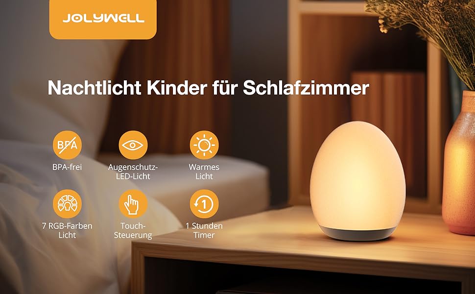 Нічник дитячий JolyWell з 8 режимами зміни кольору та регулюванням яскравості, перезаряджуваний нічник-яйце з таймером 1 година та сенсорним керуванням, білий