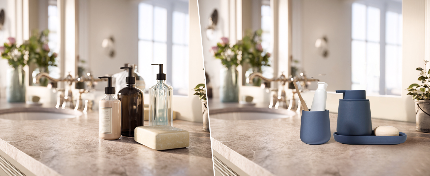 Набір для ванної кімнати блакитного кольору, керамічний аксесуар для ванної кімнати, 3-частинний, декоративний набір дозаторів мила, стакан для зубної пасти та підставка для прикрас, підходить для ванної кімнати, умивальника, готелю, для рідкого мила