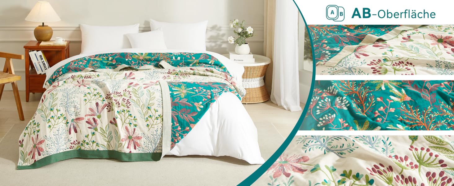 Покривало Bailix Premium Boho з 100% бавовни, двостороння муслінова ковдра 150x200 см, плед для дивана та ліжка в стилі пэчворк, смарагдово-бежевий