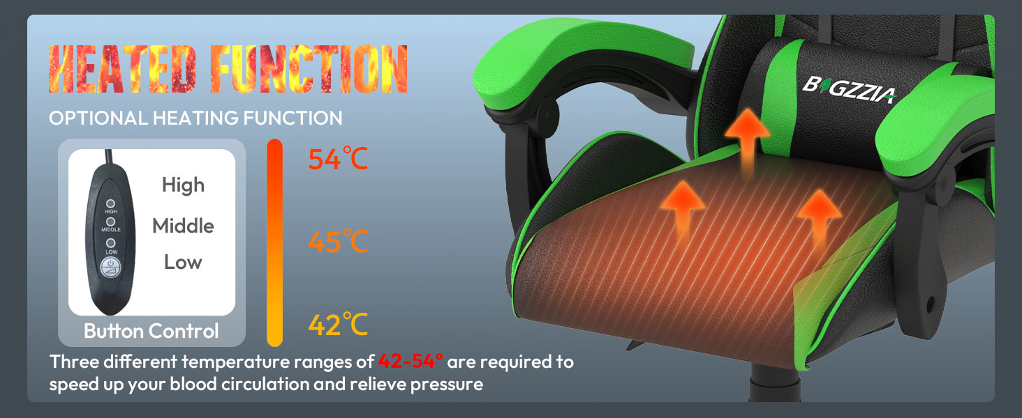 Ігровий крісло Bigzzia з підігрівом, зелений, регульована спинка 90-135°, ергономічний дизайн з підголівником та підлокітниками, дихаючий матеріал, для підлітків та дорослих