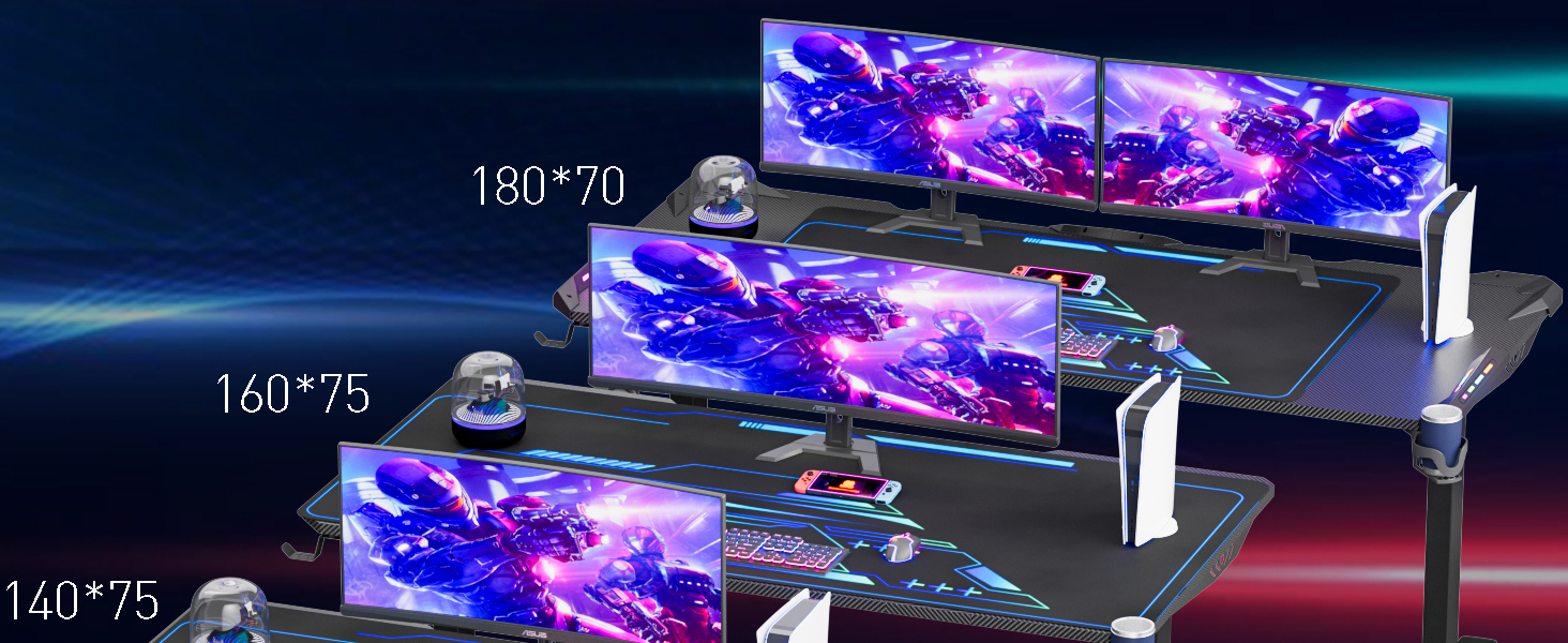 Ігровий стіл Himimi 160x75 см, T-подібний, з підсвіткою, органайзером для кабелів та аксесуарів, чорний