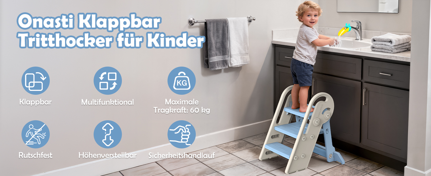 Дитячий підсвічник Onasti Tritthocker: регульована висота, 3 сходинки, з ручками, складний, антиковзний, для кухні, ванної, туалету (сірий, сіро-білий, блакитний)