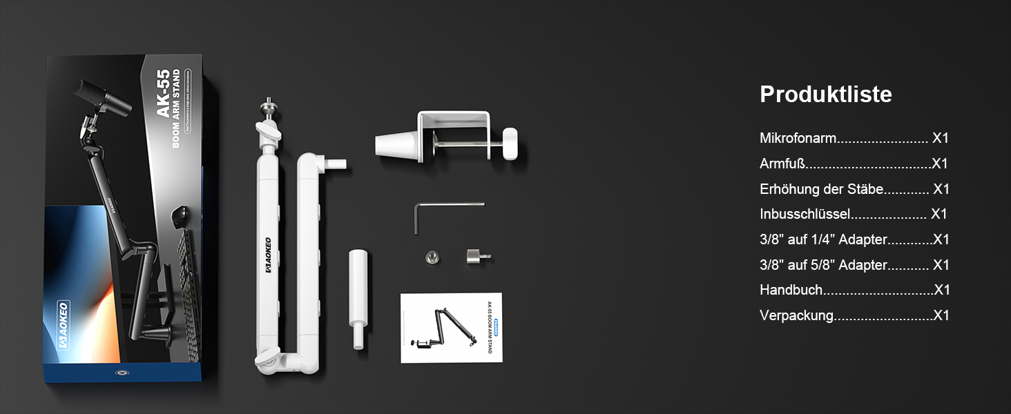 Стійка для мікрофона Aokeo AK-55 для столу, біла - для Yeti, Snowball, HyperX, Elgato