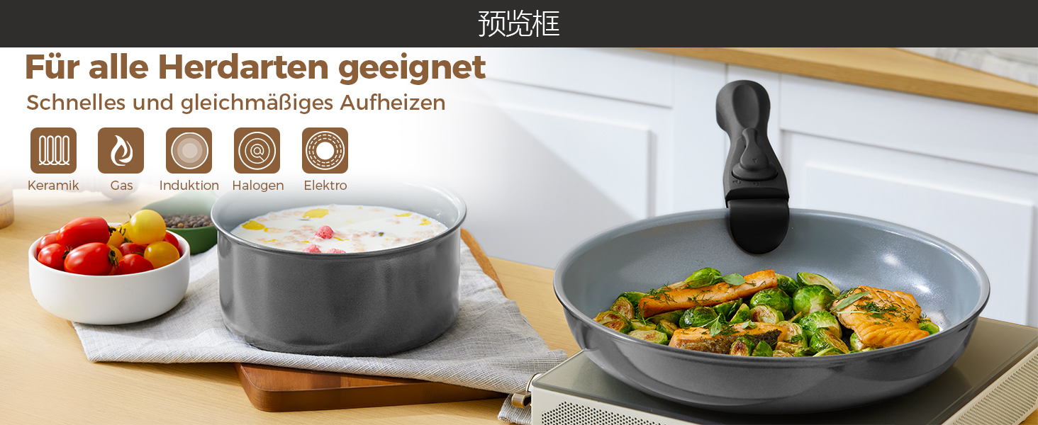 Набір каструль BEZIA 17 предметів з знімним ручками, антипригарне покриття кераміки, набір для індукційних плит, підходить для всіх типів плит, складається, набір каструль Induktion, посуд для кемпінгу, придатний для духовки (темно-сірий)