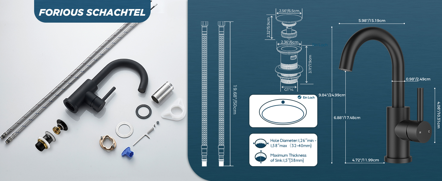Змішувач для ванної кімнати/кухні FORIOUS Hoch 360° з нержавіючої сталі, з можливістю повороту 175 мм, матовий чорний, з підключенням до гарячої та холодної води, для встановлення на мийку, преміум-якість