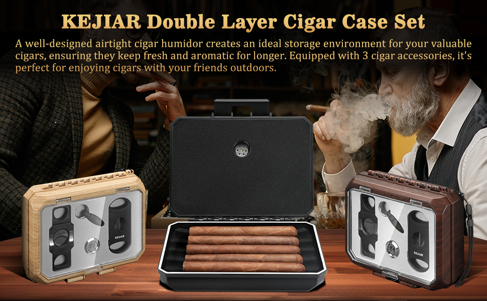 KEJIAR Видавець сигар: портативний кейс-упаковщик з різаком для сигар (V-Cut, Straight Cut, Punched), контролер вологості, чорний