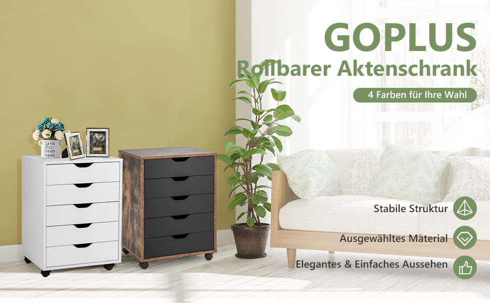 Шафа-контейнер на колесах GOPLUS з 5 висувними ящиками, чорна. Мобільний офісний контейнер, шафа для документів, підійде для спальні, робочого кабінету, офісу.