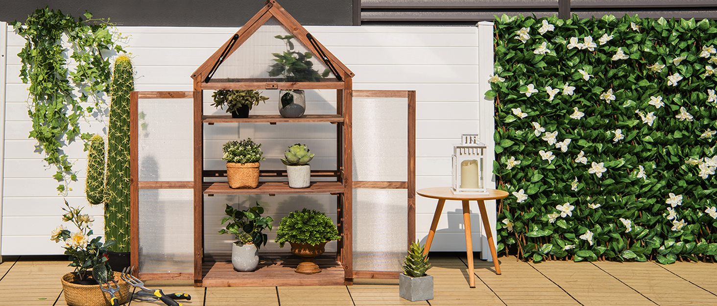 Вертикальна грядка COSTWAY з 3 ярусами, 6 контейнерами для квітів, дерев'яний ящик для рослин на терасу, балкон, сад - коричневий, 126x90x115 см