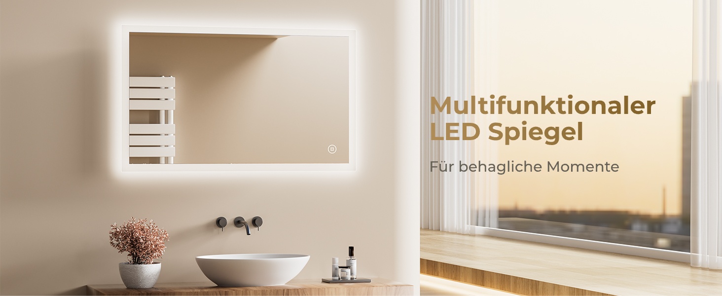 Дзеркало для ванної кімнати з підсвічуванням LED 120x60 см, велике, диммер, сенсорний вимикач, вертикальна/горизонтальна монтаж, 6500K (холодне біле світло)