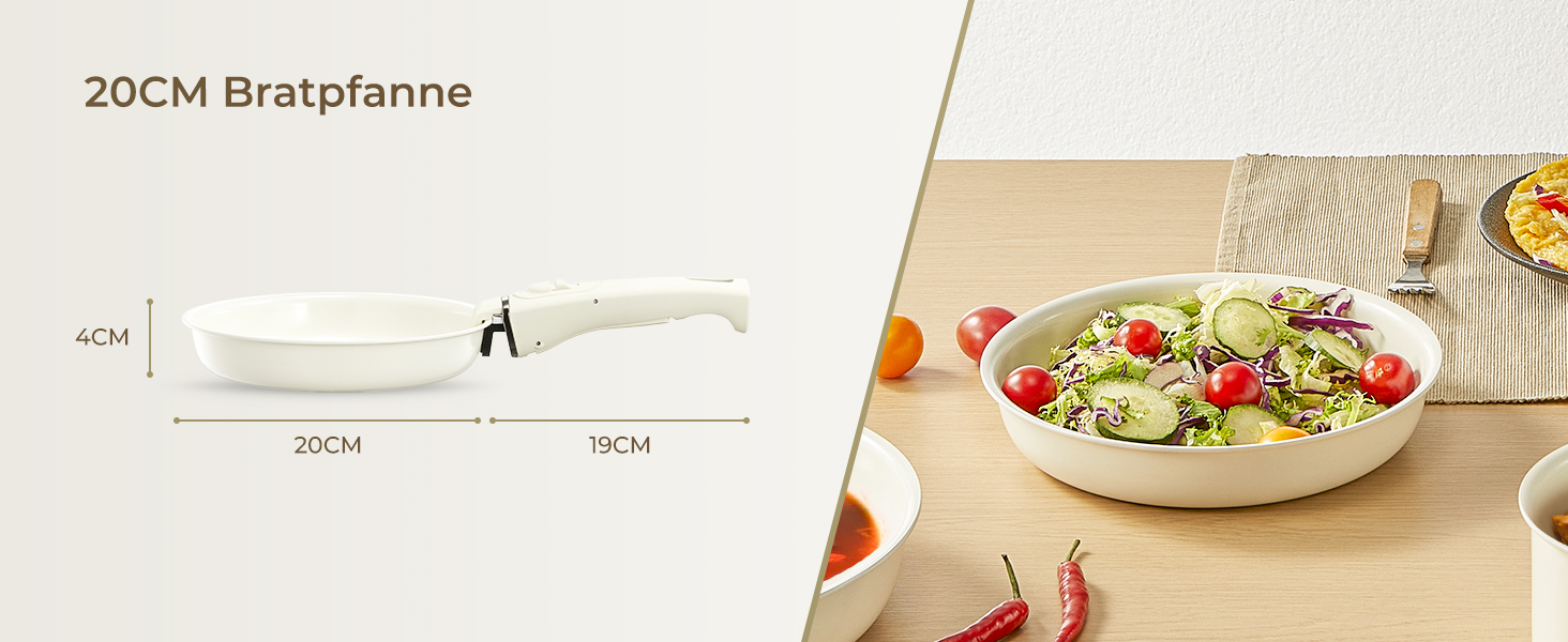 Набір посуду FOHERE 8 предметів: каструлі та сковороди з 2 знімними ручками, сковорода 20/28 см, каструлі 2.6/1.4 л, підходить для всіх плит (індукція), безпечний у духовці та посудомийній машині, бежевий